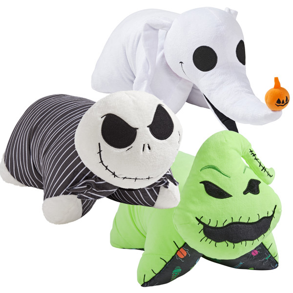 Disney The Nightmare Before Christmas Jack Skellington, Oogie Boogie, and Zero Pillow Pets together in plush character form.