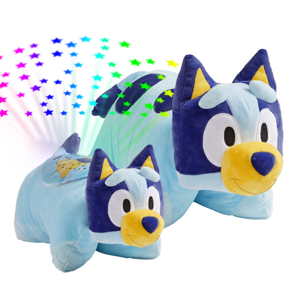 Bluey Sleeptime Lite and Bluey Pillow Pet together, with the Sleeptime Lite projecting colorful rainbow stars.