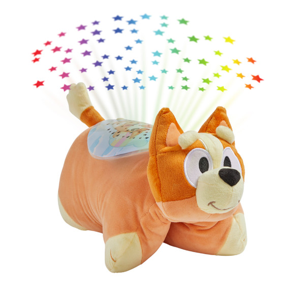 BBC Bingo Sleeptime Lite folded in character shape while projecting colorful rainbow stars onto the ceiling.