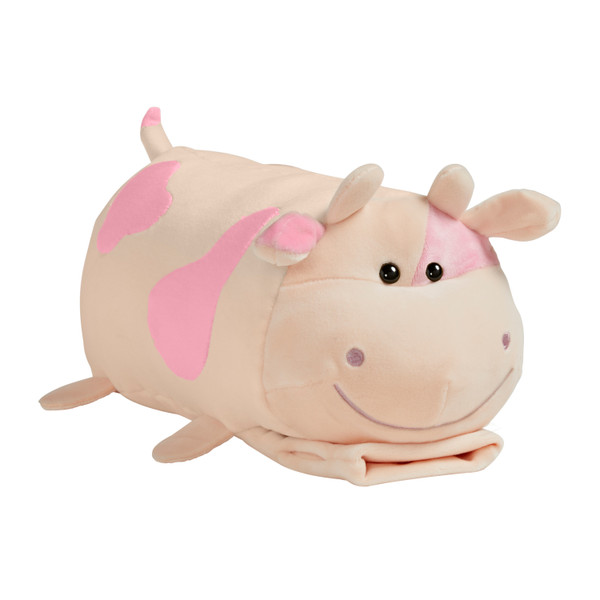 Dreamy Strawberry Cow Buddy on the Go featuring soft cream plush with pink spots, cream horns, black eyes, and a sweet smile.