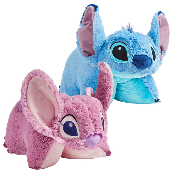 Stitch and Angel Pillow Pets in plush character form, featuring Stitch's blue fur and Angel's pink fur with large ears.