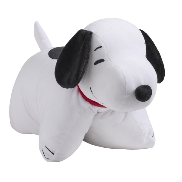 Snoopy Pillow Pet in plush character form, featuring Snoopy's white fur, black ears, and red collar.
