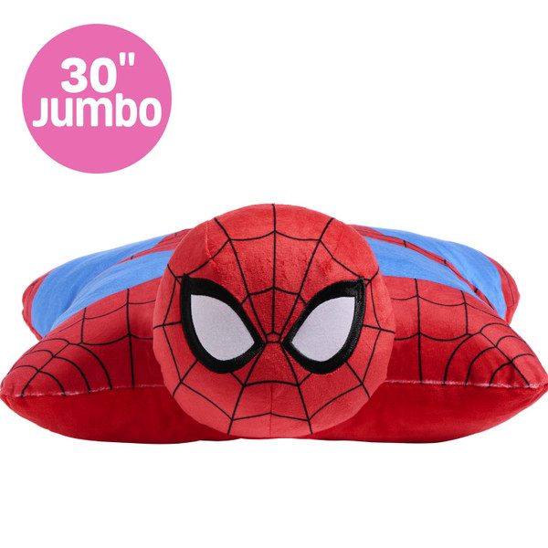 Jumbo 30" Spider-Man Pillow Pet in plush pillow form, featuring Spider-Man's red and blue suit with black web detailing and large white eyes.