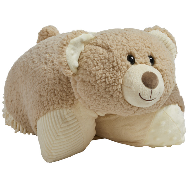 Hiro Bear Weighted Pillow Pet folded in plush bear form, featuring soft tan plush, cream-colored accents, a brown nose, and a gentle smile.