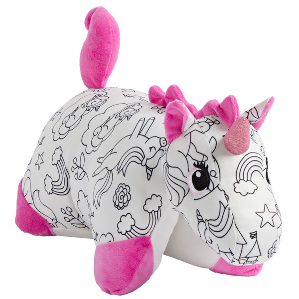 Color On Unicorn Pillow Pet in plush character form, featuring  white plush body with black unicorn-themed outlines for coloring, pink hooves, a sparkly pink horn, and a fluffy pink mane and tail.