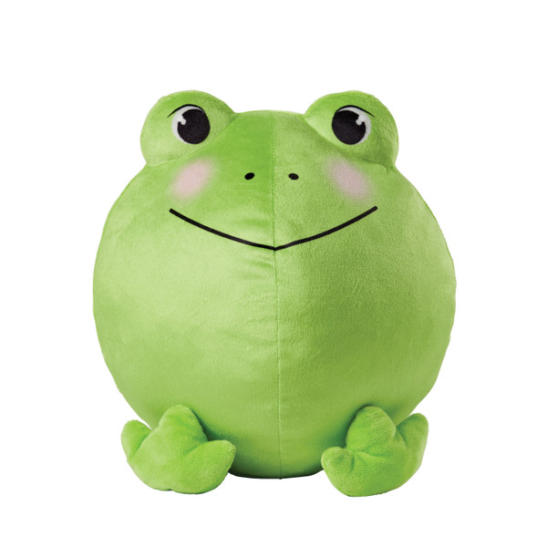 Hoppy Frog Puff featuring soft bright green plush, large raised eyes, rosy cheeks, a sweet face, and matching green feet.