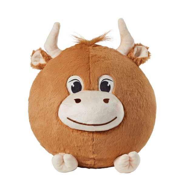 Shaggy Cow Puff featuring soft caramel-brown plush, cream-colored horns, a fluffy tuft of hair, a cream muzzle, and a sweet face.