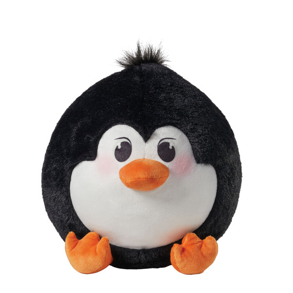 Waddly Penguin Puff featuring soft black and white plush, a bright orange beak and feet, rosy cheeks, and a fluffy tuft of hair.