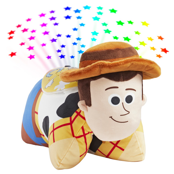Woody Sleeptime Lite Pillow Pet plush with cowboy hat, projecting colorful rainbow stars.