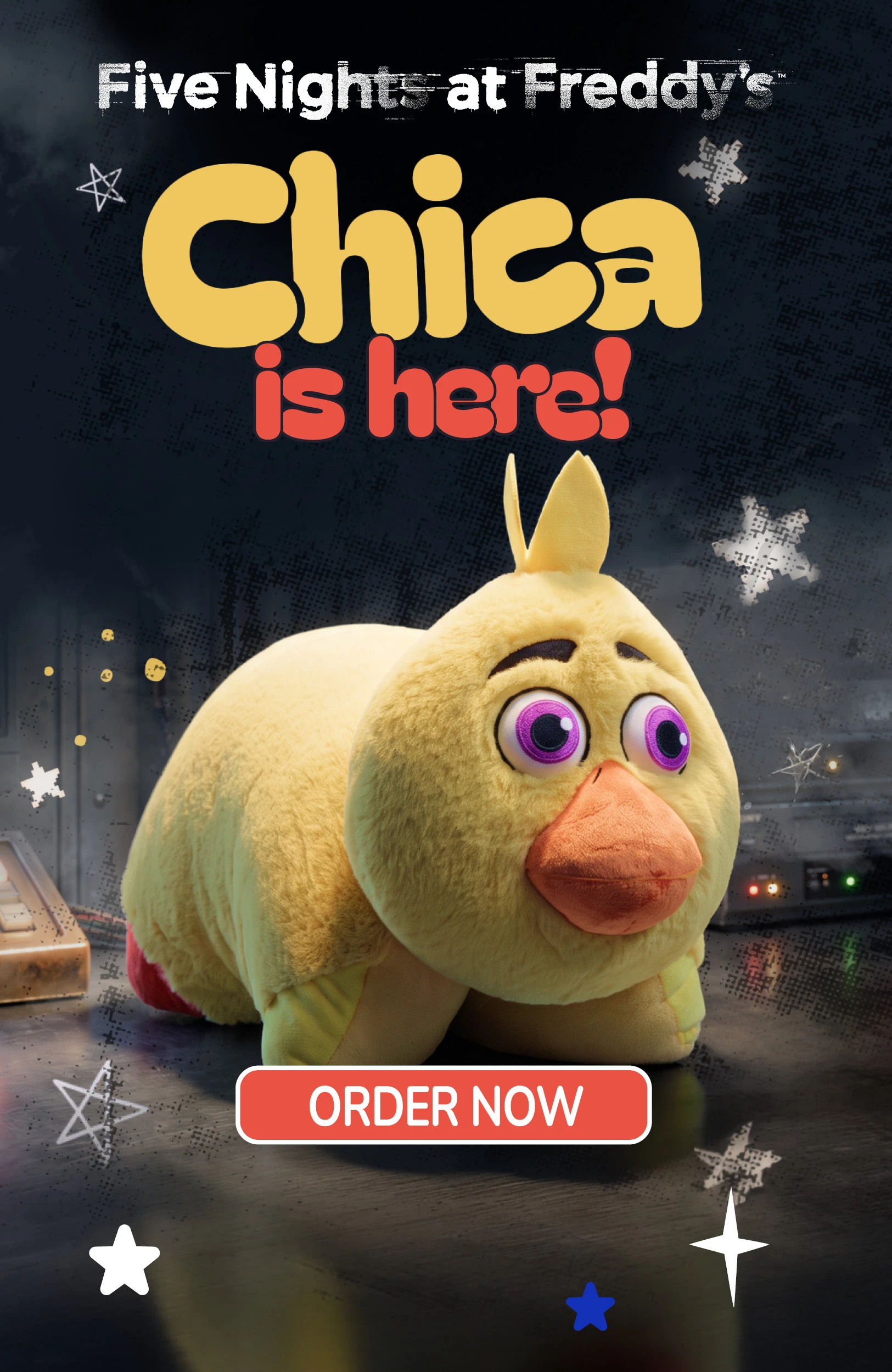 Chica is here! Order your FNAF Chica Pillow Pet now. Cute image of the yellow FNAF Chica Pillow Pet.