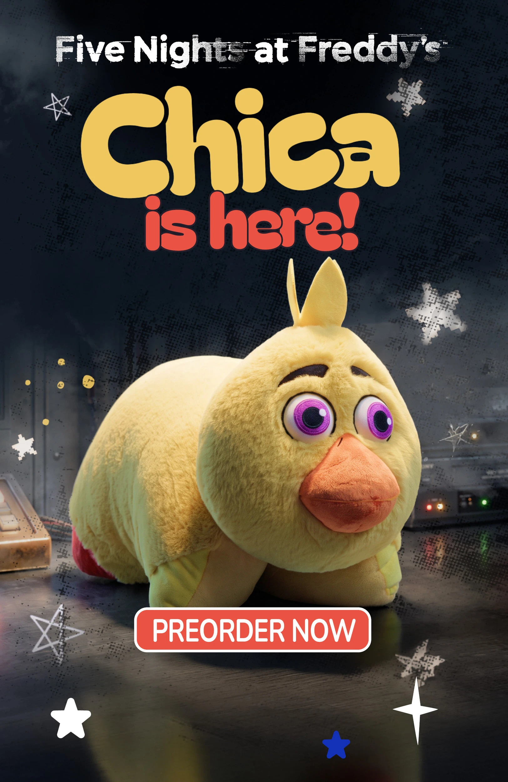 Chica is here! Preorder your FNAF Chica Pillow Pet now. Cute image of the yellow FNAF Chica Pillow Pet.