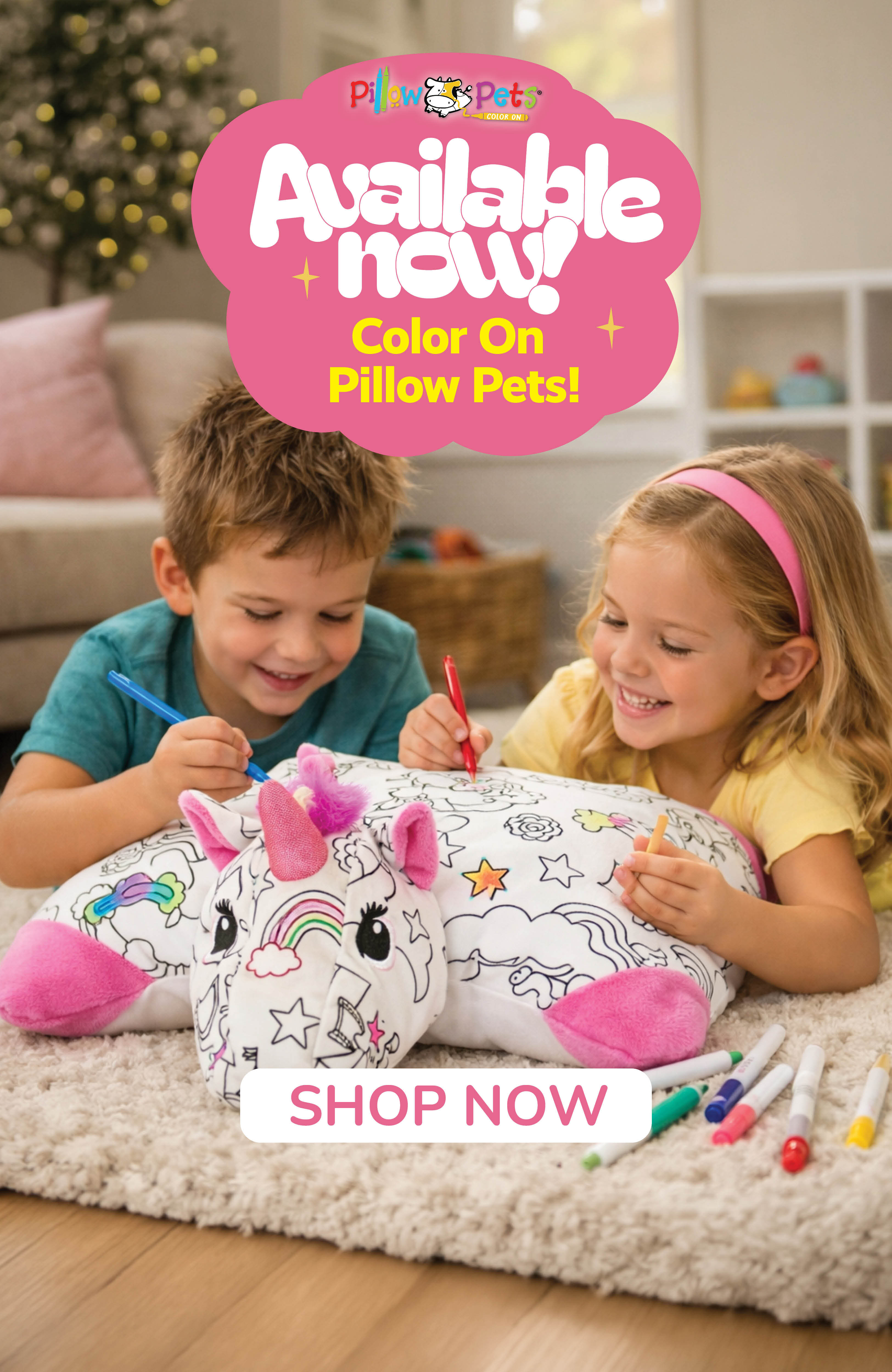 Little girl and boy coloring on the Color On Unicorn Pillow Pet