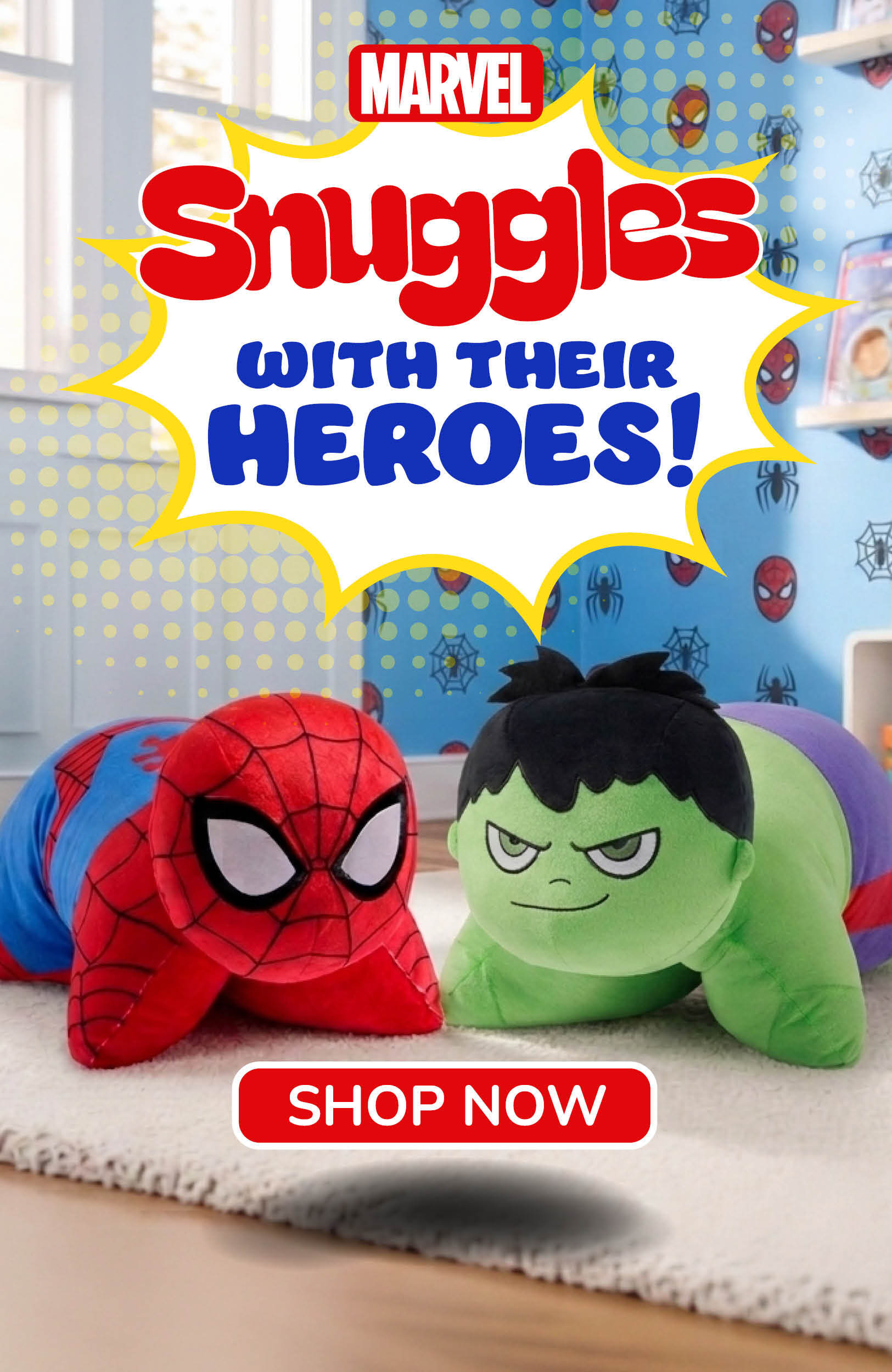 Snuggles with their heroes! Spiderman and Hulk Pillow Pets available now!