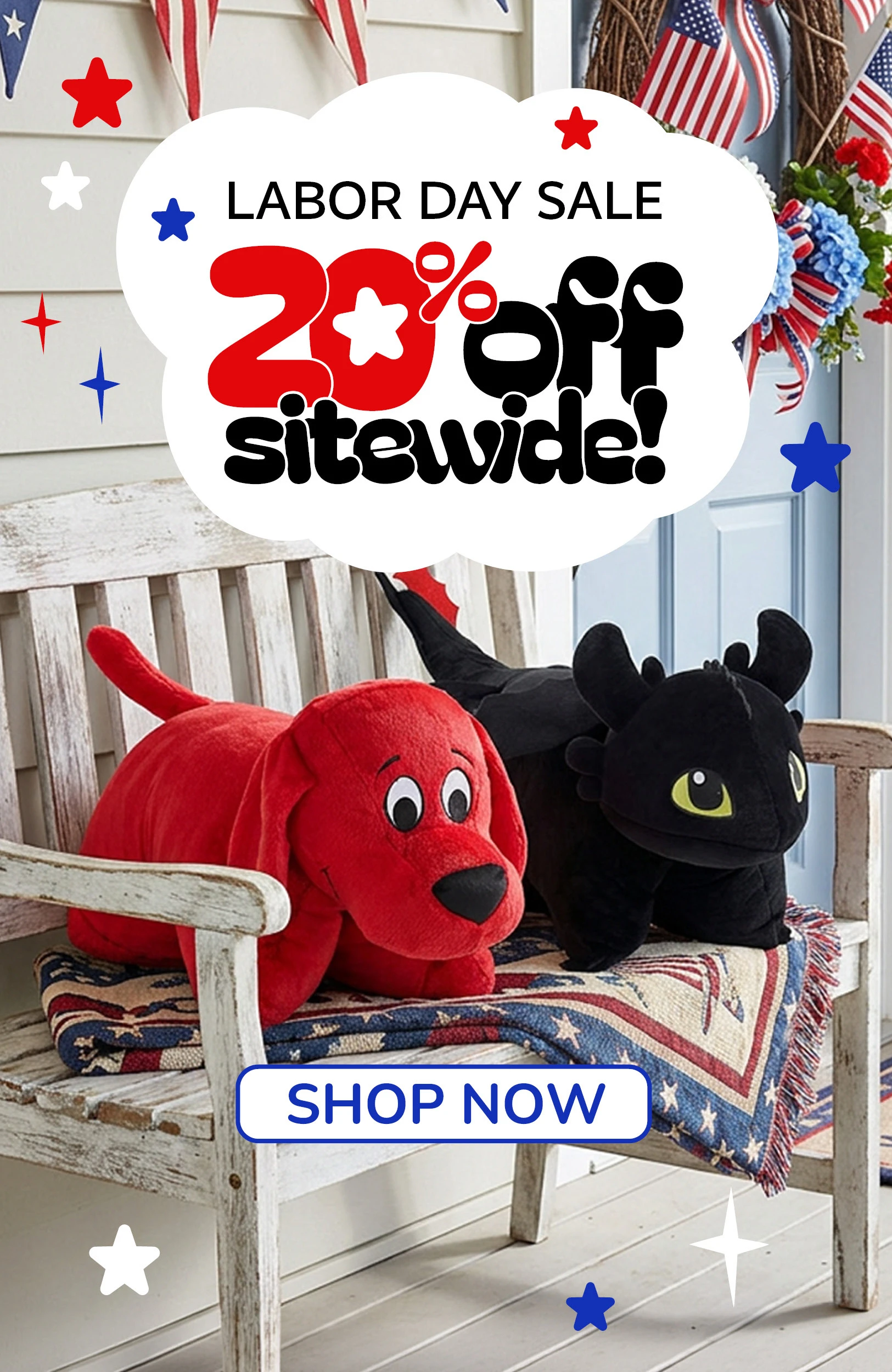 Image of Clifford and Toothless Pillow Pets. Labor Day Sale 20percent off sitewide!