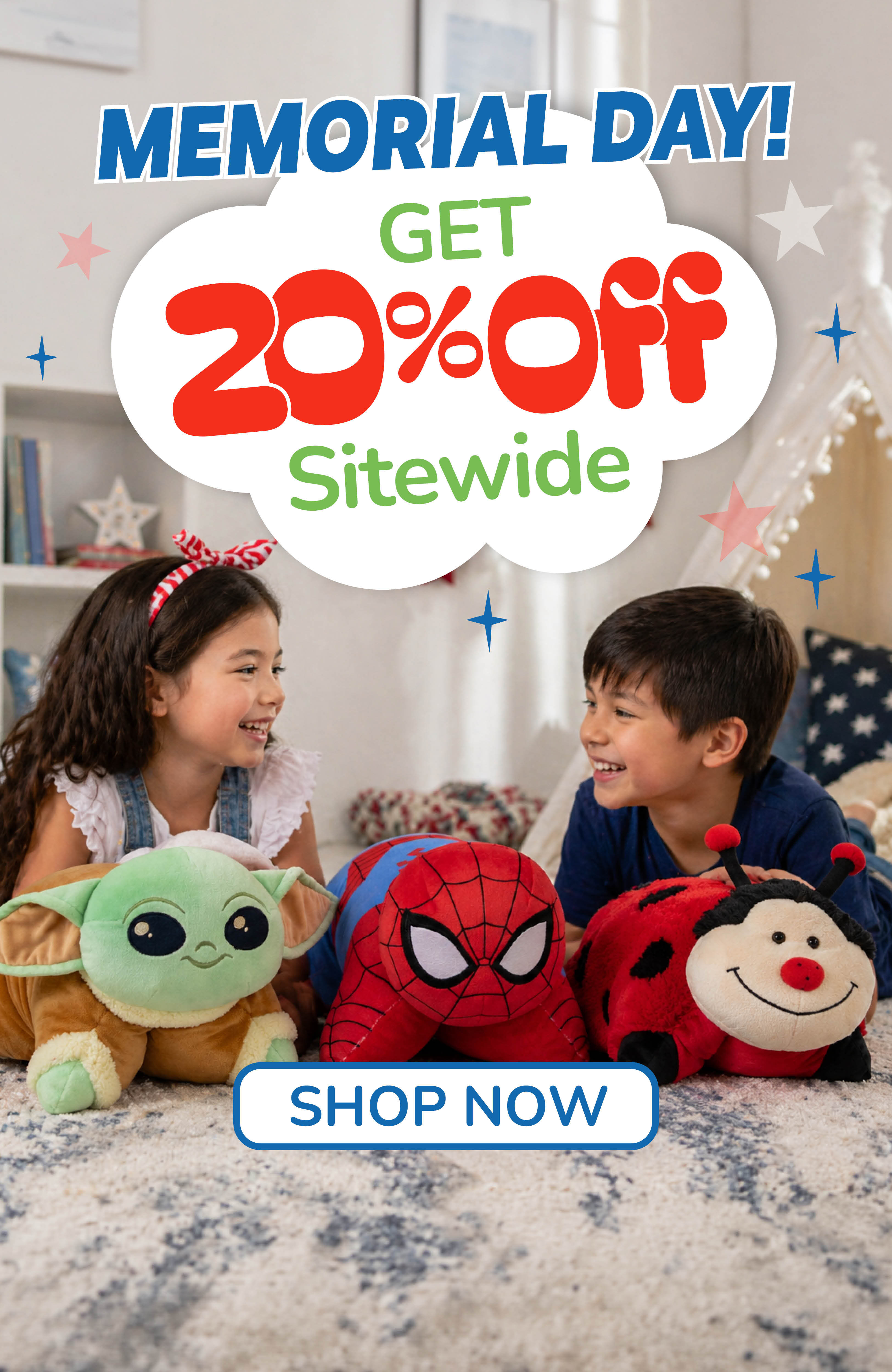 Two kids playing with the Baby Yoda, Spider-Man and Ladybug Pillow Pets. Memorial Day Sale! Get 20% Off sitewide now! Shop Now!