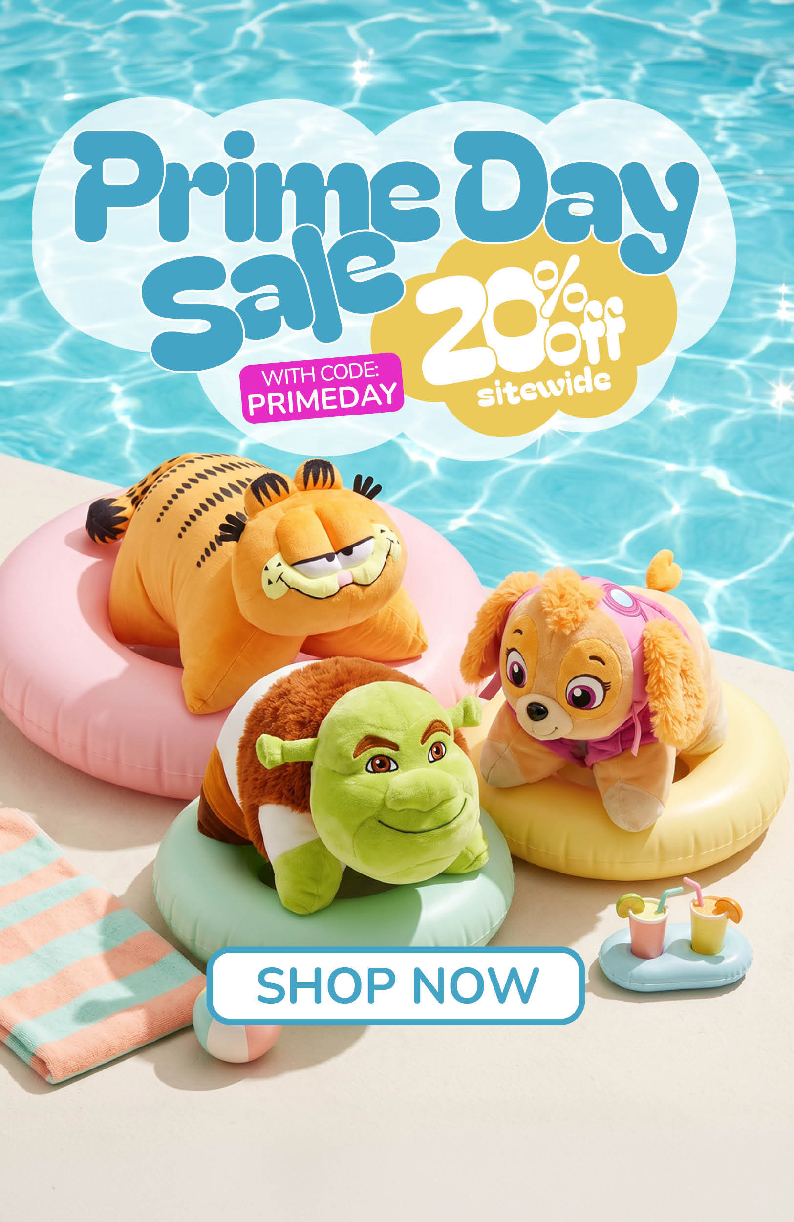 Prime Day Sale! 20% Off Sitewide with code PRIMEDAY! Shop Now! Three Pillow Pets sitting by a swimming pool.