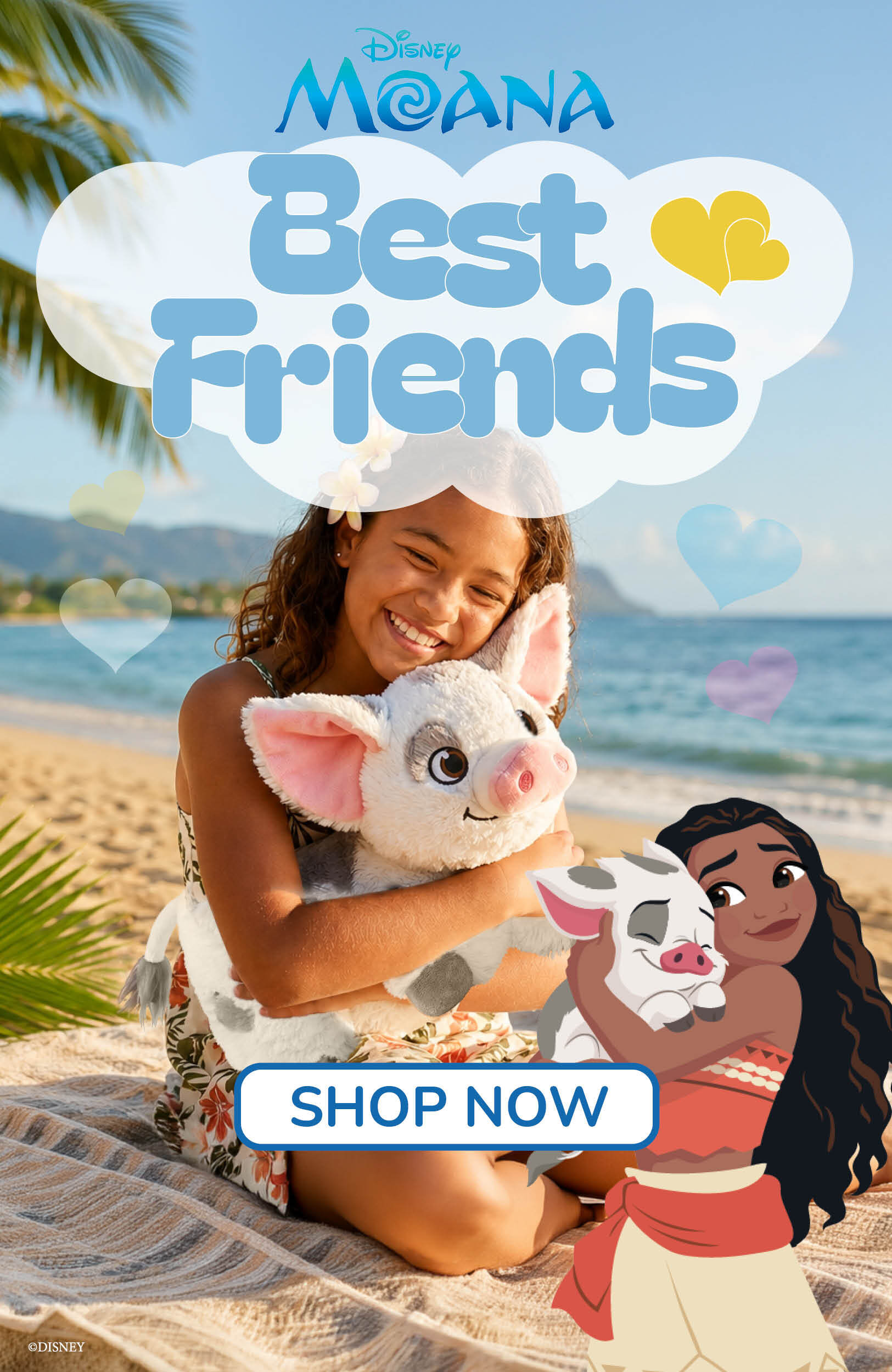 Little girl hugging a Pua Pillow Pet, with the text Best Friends! Shop Moanas little pig Pua now!