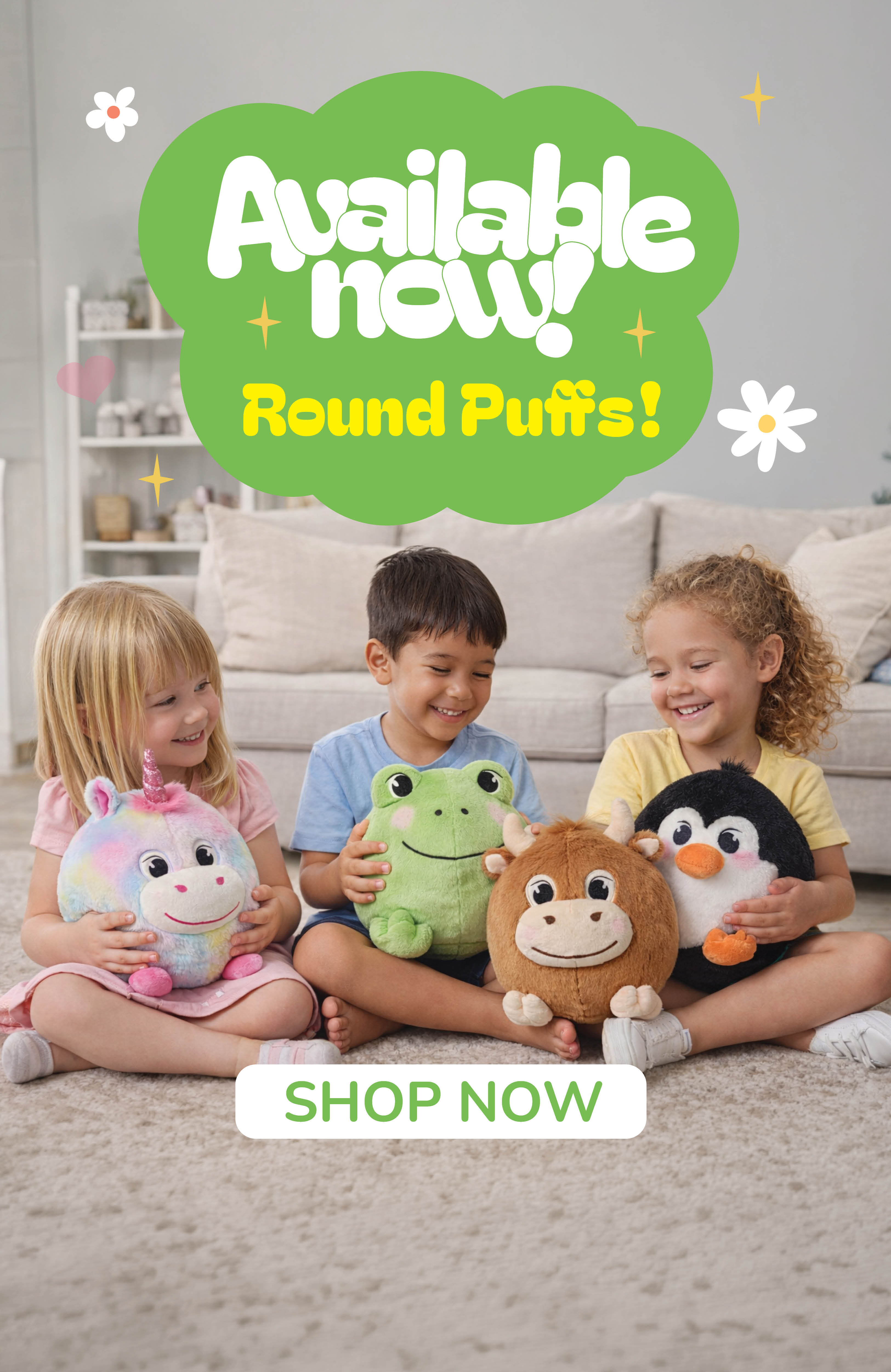 Image of three kids playing with Round Puffs - fluffy round stuffed animals.