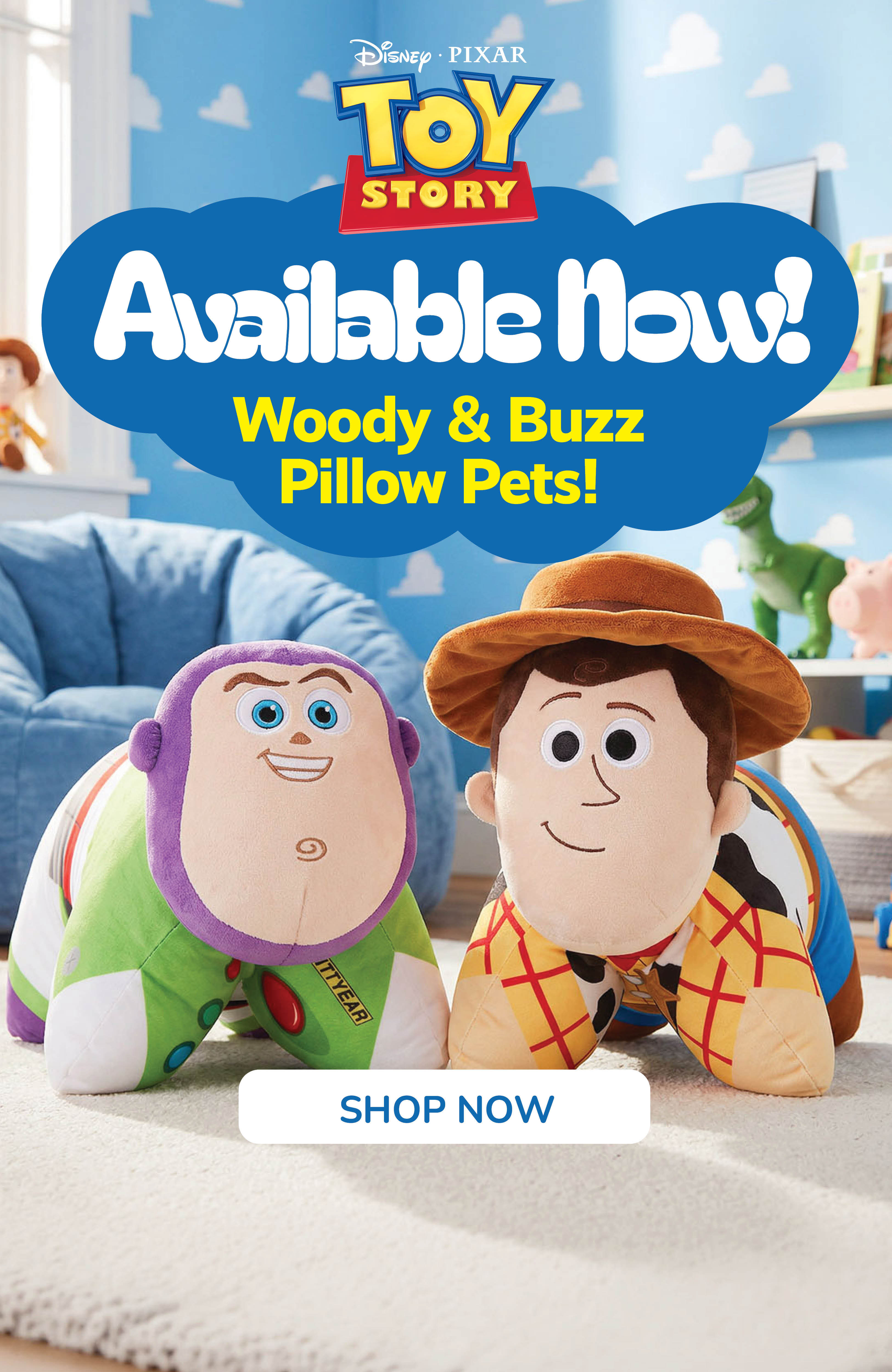 Image of the Toy Story Buzz Lightyear and Woody Pillow Pet in a childs room