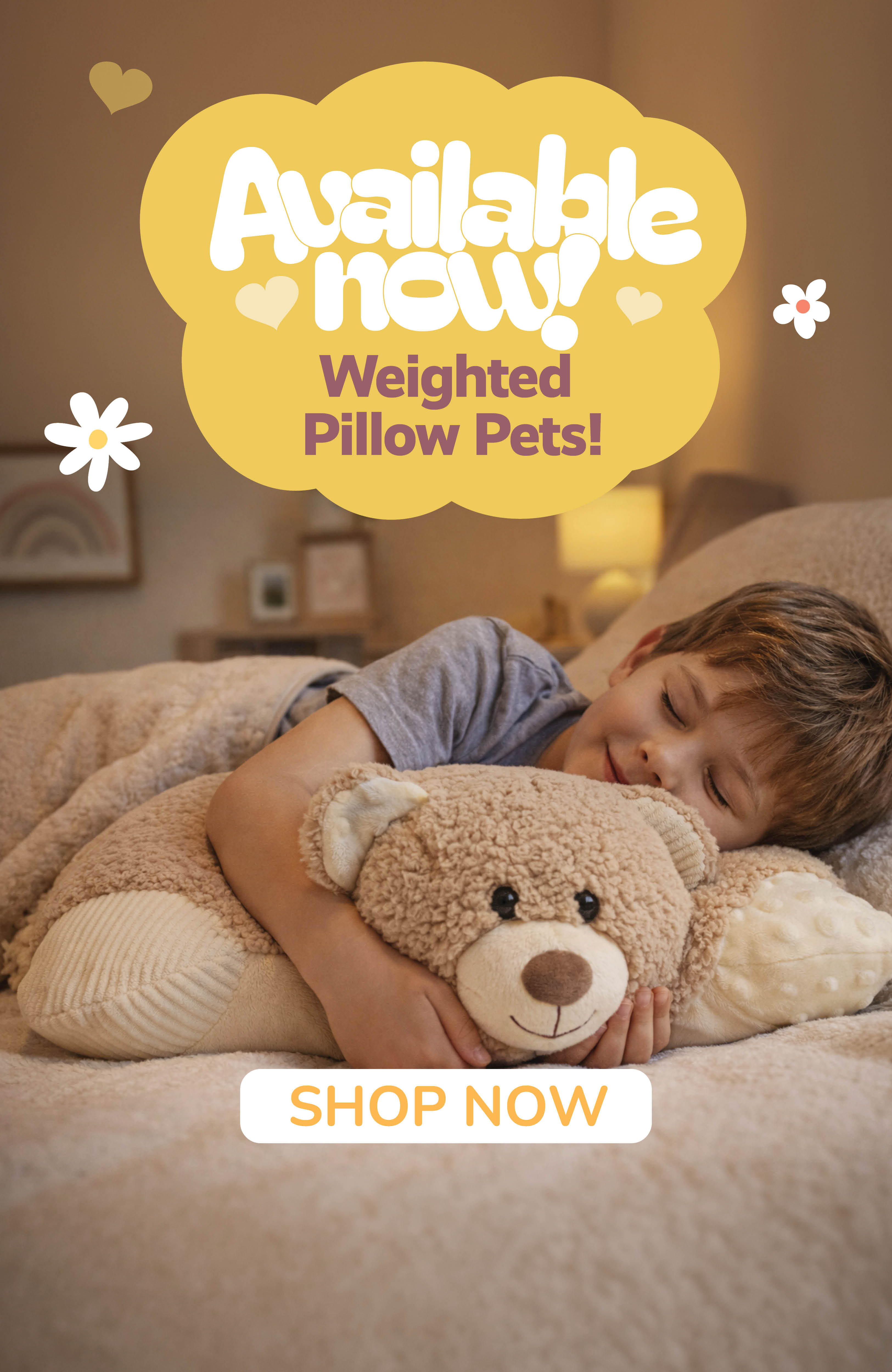 Little boy sleeping with the new weighted bear Pillow Pet