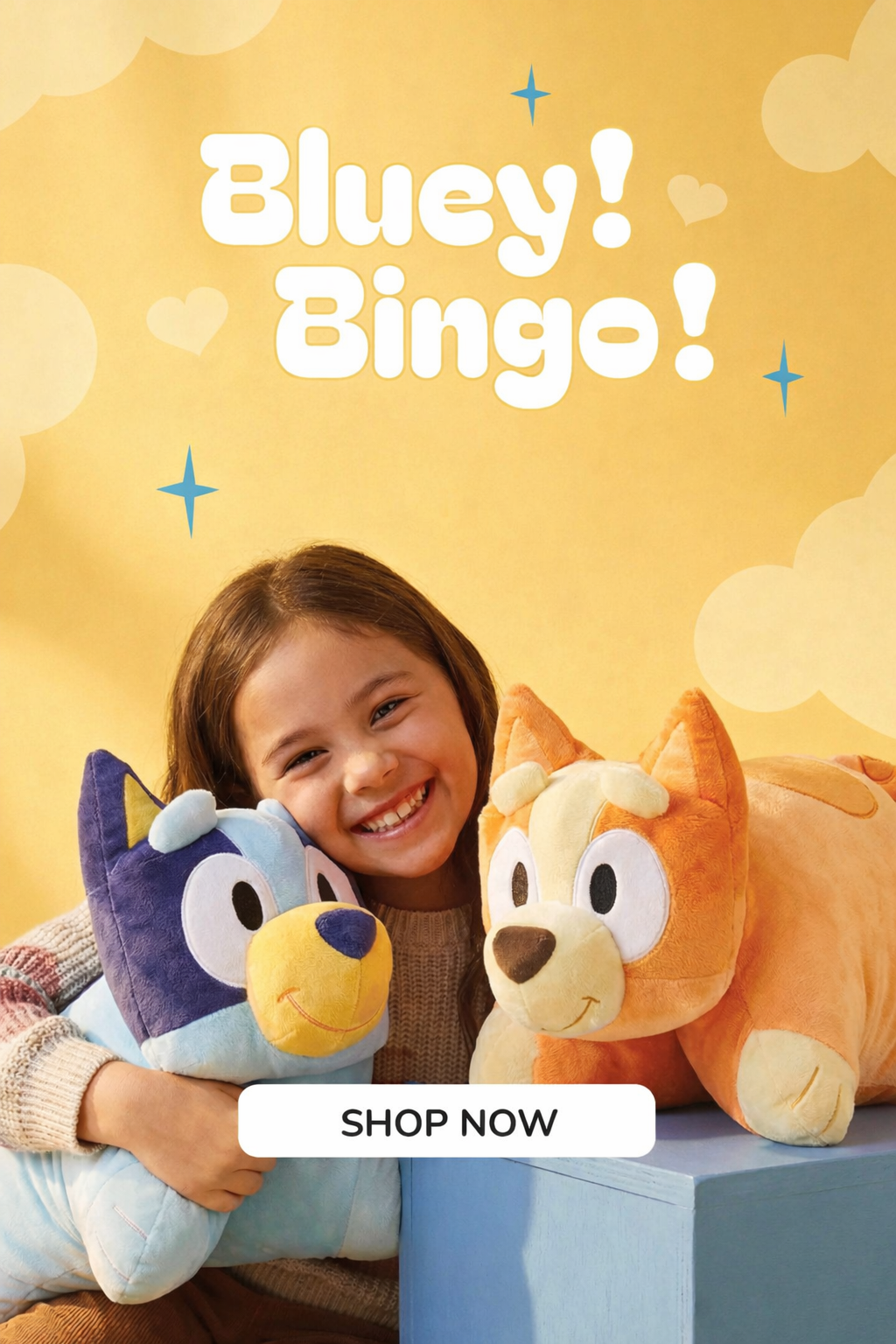 Little girl hugging the Bluey and Bingo Pillow Pets