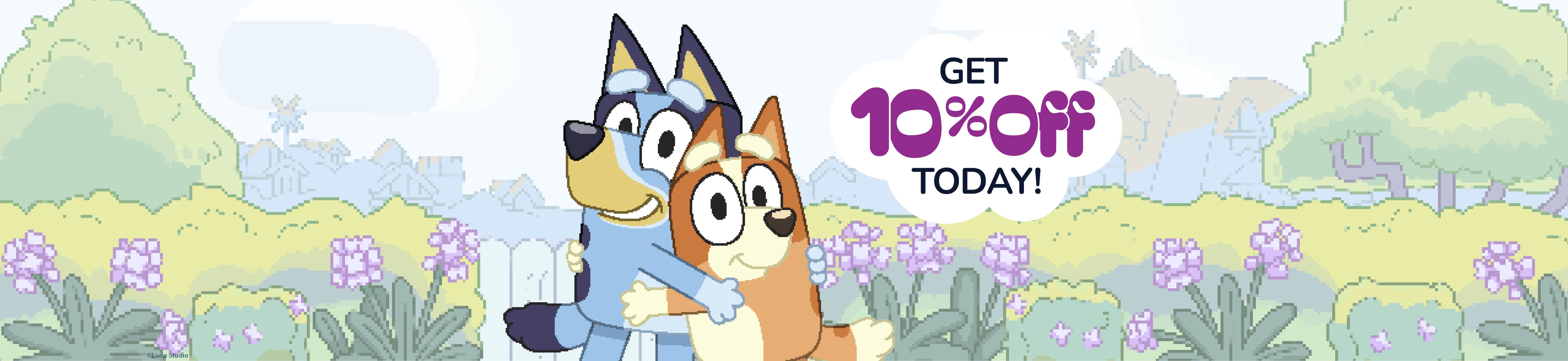 An animated image of Bluey hugging her little sister Bingo in their garden.