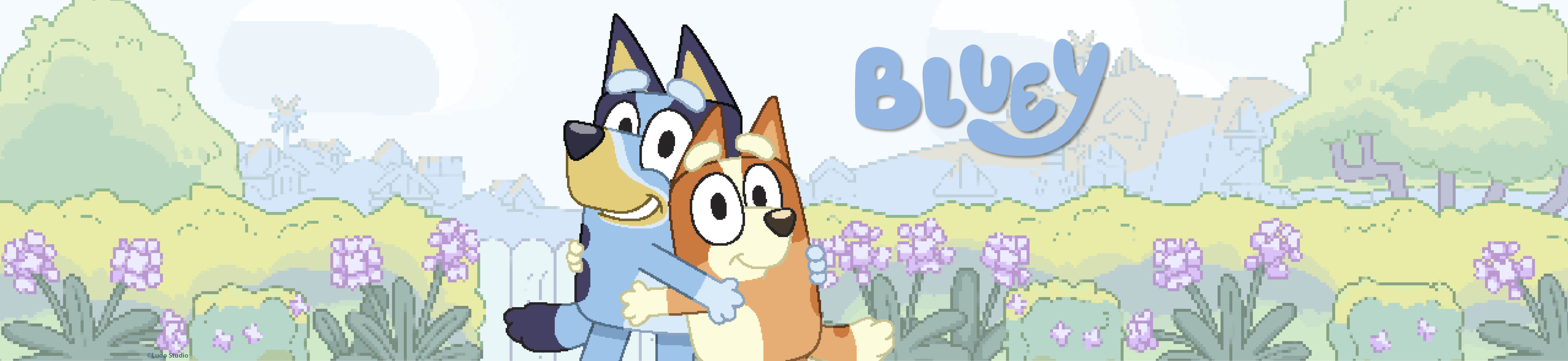 An animated image of Bluey hugging her little sister Bingo in their garden.