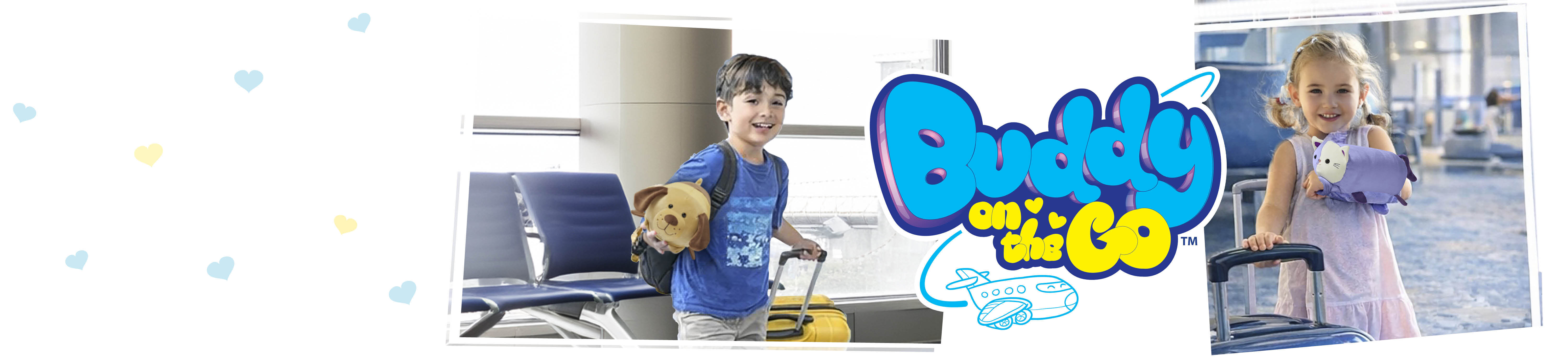 An illustration showing kids wearing their Buddy on the Go while waiting for a flight at the airport