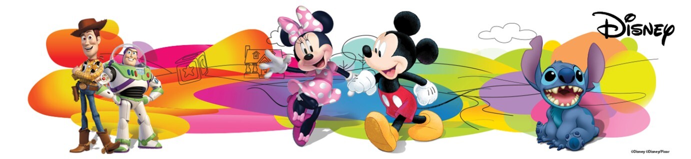 Disney banner showing Mickey and Minnie, Stitch, Buzz Lightyear and Woody character art.