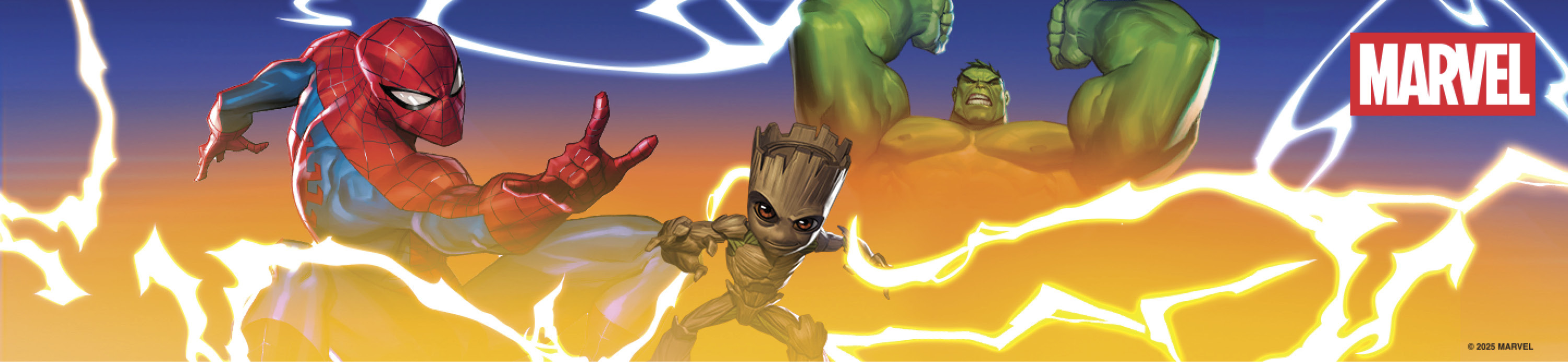 Marvel character art showing Spider-Man, Hulk & Groot