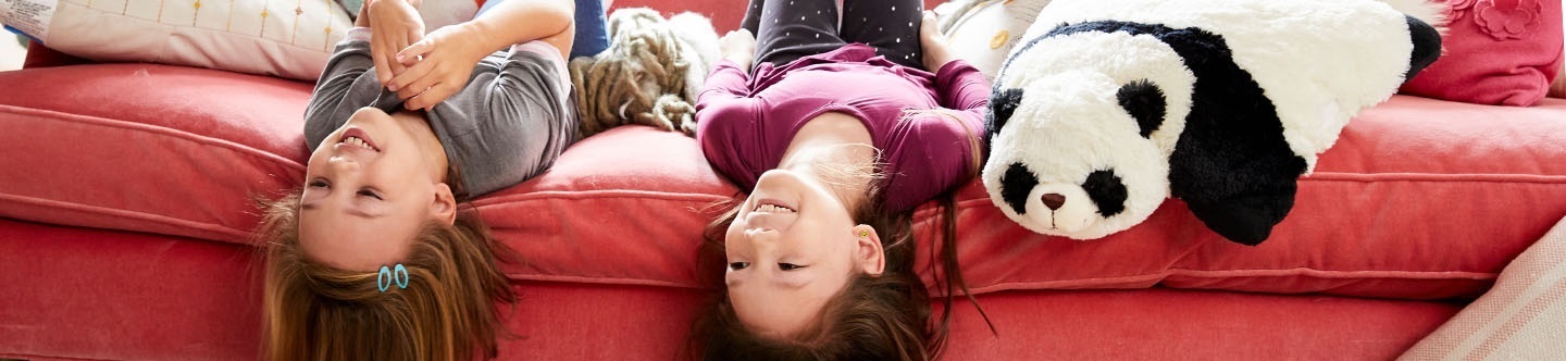 The title is Raves and Reviews, and there is an image of two little girls on a couch with a Comfy Panda Pillow Pet