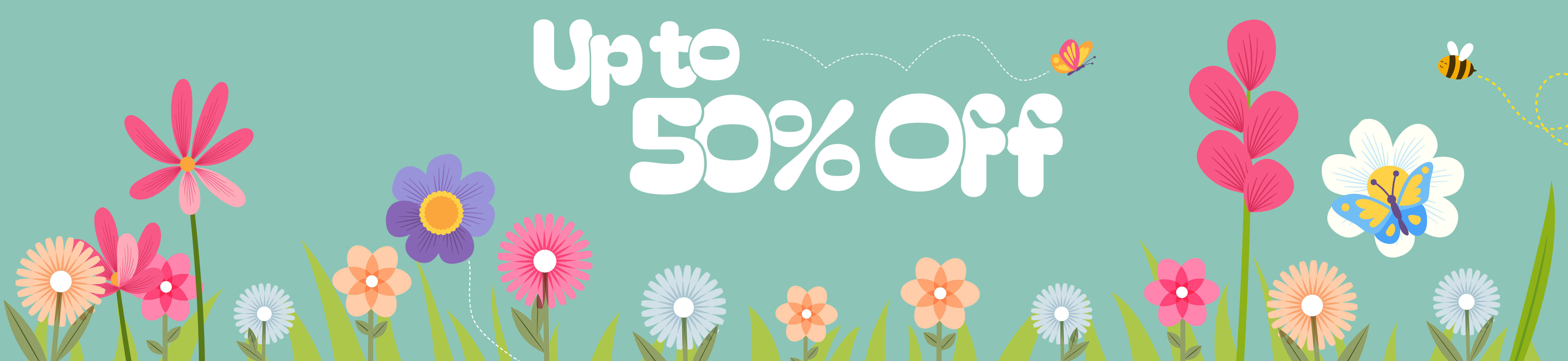 Image of spring flowers, bees and butterflies, with the text Spring Sale! Up to 50% Off