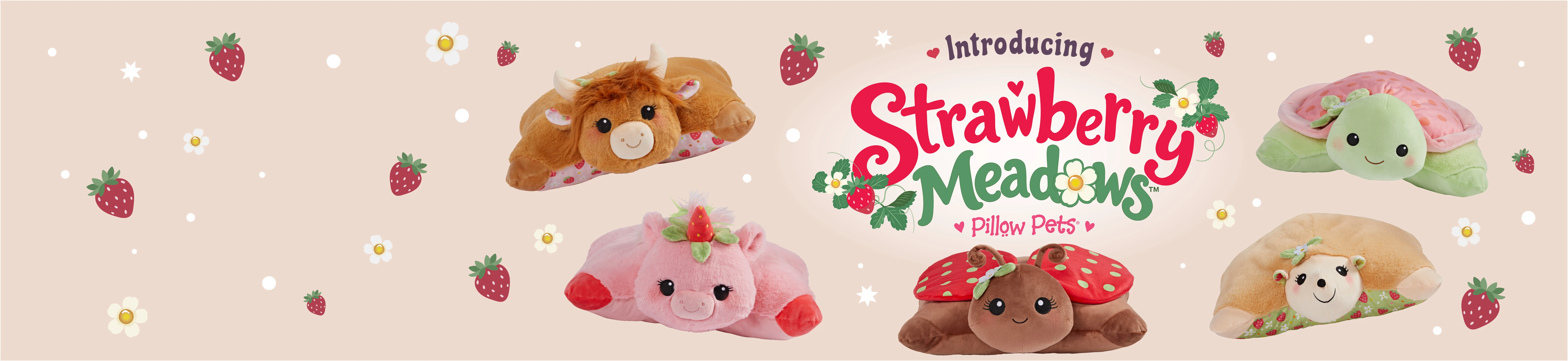 Introducing the Strawberry Meadows Pillow Pets! Shop these adorable strawberry- themed Pillow Pets now!