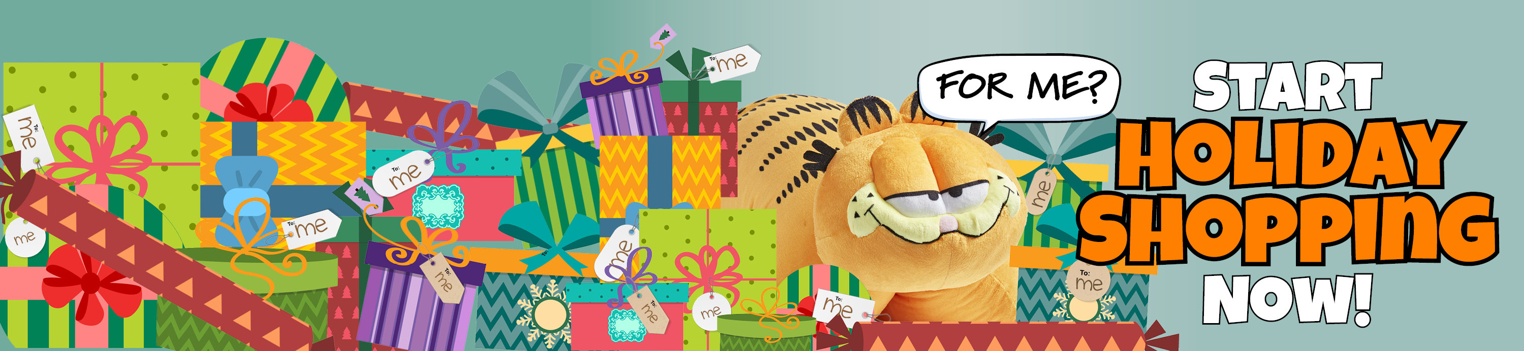 Image of Garfield surrounded by presents, with the text Start Holiday Shopping Now!