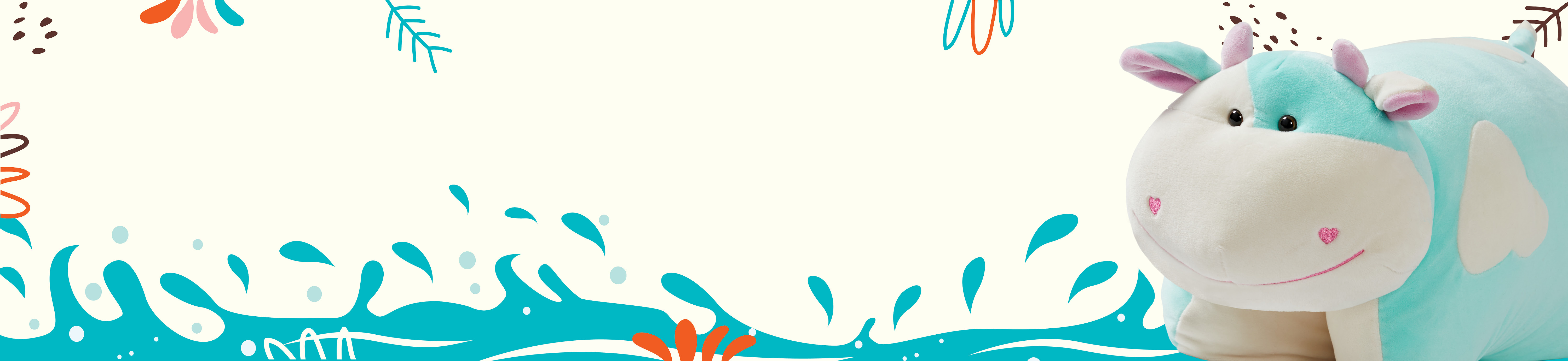 Image of summer waves splash, with the Love Cow Pillow Pet in the foreground.flowers, bees and butterflies, with the text Summer Sale!