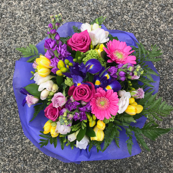 Bright mix of yellow, whites, pinks and blues.