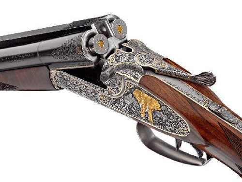 Merkel 160AE Safari side-by-side sidelock Rifle with Big Five Custom Game Scene Engraving in 470 NE - SKU: M160AE-470-CUSTOM