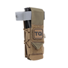 Coyote Brown High Speed Gear TACO tourniquet pouch with a C-A-T tourniquet stowed inside, front view with TQ label