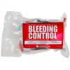 Compact vacuum-sealed pouch containing essential bleeding control supplies, measuring 7 × 5 × 2.5 inches and weighing 15 oz.