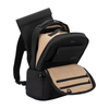 Open SLNT E3 Faraday Backpack showing 15+ compartments and Faraday laptop sleeve rated for 15″ devices.