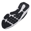 View of the black Under Armour Charged Assert 10 men’s running shoe from the bottom, showing the textured rubber outsole with flex grooves and traction pattern for grip and stability.  | Black / White