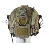 Agilite Ops-Core Maritime FAST SF Super High Cut Helmet Cover Gen 4 Multicam rear view worn on mannequin showing Agilite counterweight battery pouch attached to rear strap and dual side accessory mounts