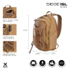Vertx Siege 15L Sling Pack VTX5306 coyote brown product dimensions and spec callout graphic showing measurements, soft tricot-lined top pocket, stretchable side pockets, ambidextrous shoulder strap, and material/feature icons