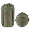 Snugpak Basecamp Ops Nautilus olive large rectangular compression stuff sack and small round compression sack side by side showing Nautilus SQ branding and printed specs including comfort 3 degrees Celsius 37 degrees Fahrenheit low -2 degrees Celsius 28 degrees Fahrenheit 1400g 49oz and IsoFibre fill