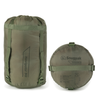 Snugpak Basecamp Ops Navigator olive compression stuff sack standing upright alongside round compressed sack showing Snugpak logo and printed specs label with comfort rating and IsoFibre fill details
