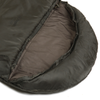 Snugpak Basecamp Ops Navigator olive sleeping bag hood area open showing brown interior lining and anti-snag zipper with zip baffle visible along opening edge
