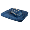 Snugpak Travelpak Blanket navy blue blanket unfolded and laid flat with compression stuff sack sitting on top showing Travelpak Blanket
