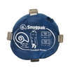 Snugpak Travelpak Blanket navy blue compression stuff sack front face showing printed specs including blanket size 76 x 64 inches weight 700g and 25oz with compression size diagram
