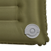 Snugpak Basecamp Air Pillow olive drab close-up of gray twist-lock inflation and deflation valve showing circular disc housing and center push button detail on stretch fabric surface
