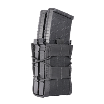 High Speed Gear X2R TACO double rifle magazine pouch in black, front view with AR-15 magazine